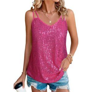 Womens Sequin Tops V Neck Tank Tops Rose pink